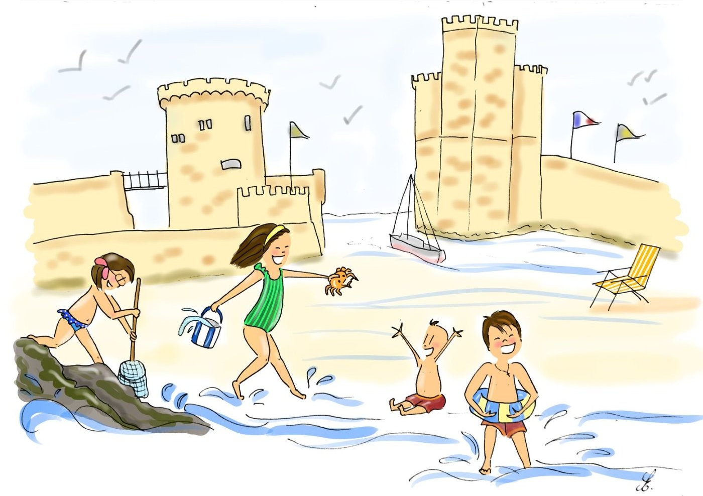 Quatre enfants jouent dans l'eau devant les tours de La Rochelle