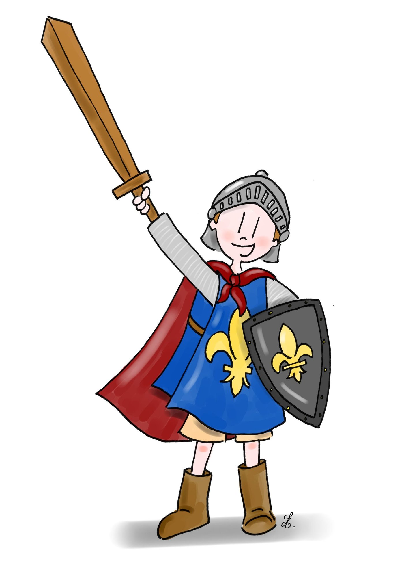 Petit chevalier au casque, épée en bois levée, bouclier à fleur de lys