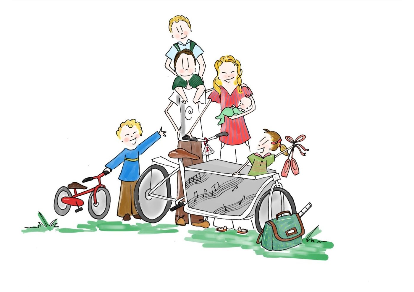 Famille autour d'un vélo cargo chargé de cartable, partition, chaussons de danse et vélo rouge