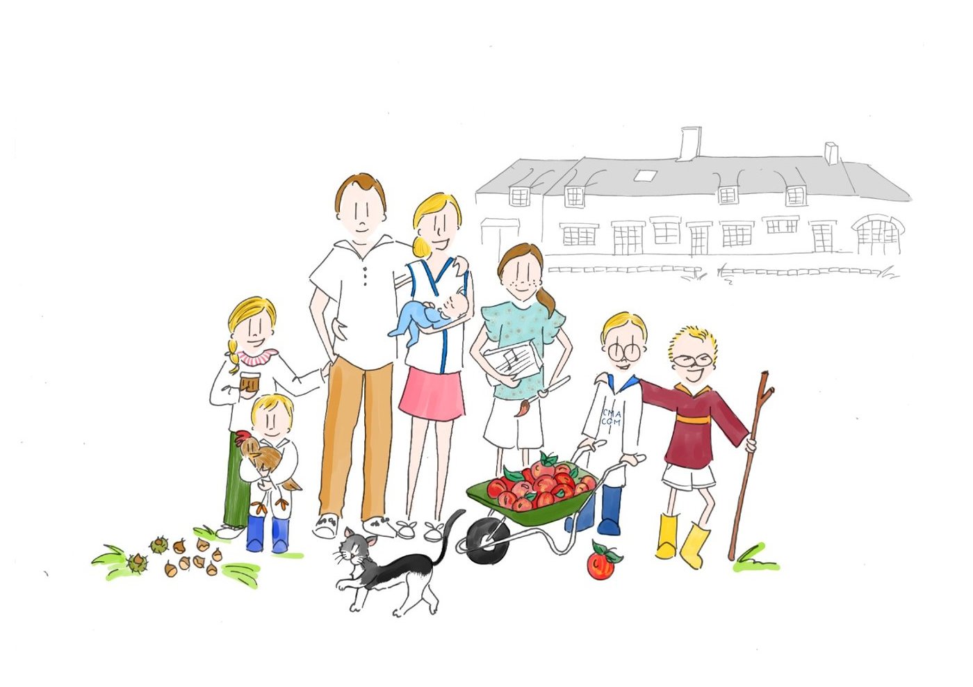 Portrait de famille devant la maison : brouette de pommes, chat, poule, bébé dans les bras